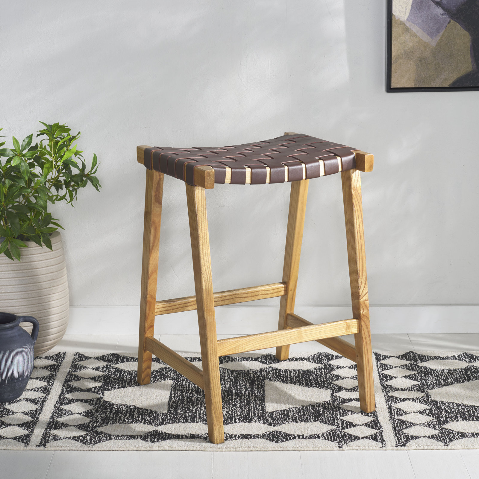 Alston Backless Leather Bar & Counter Stool, Natural, Counter Stool (26.77” Seat Height), Cognac