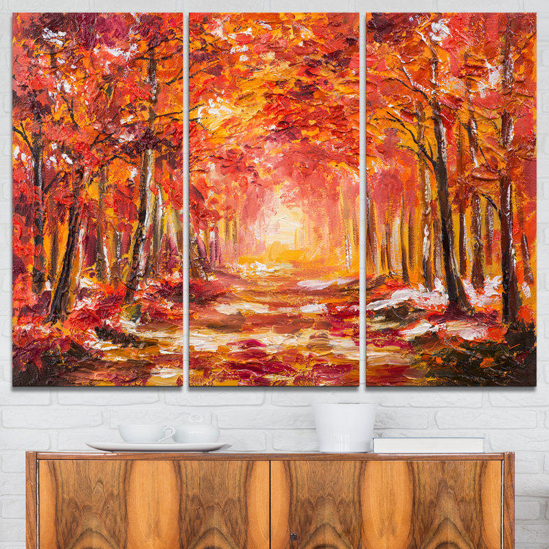 Forêt d’automne dans un abat-jour rouge-ensemble de 3 reproductions d’art sur toiles tendues
