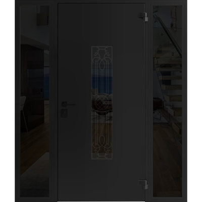 Front Exterior Prehung Steel Door / Ronex 1477 Black Enamel / 2 Side Exterior Windows Sidelites/ Stainless Inserts Entry Metal Modern Painted W16+36+16" x H80" Left hand Inswing