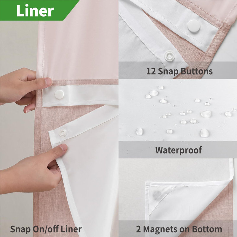 Blush Linen Textured Hookless Shower Curtain with Snap-in Fabric Liner