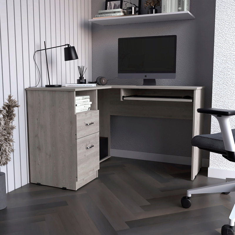 L-Shaped Desk Bradford, Keyboard Shelf, Gray Wash