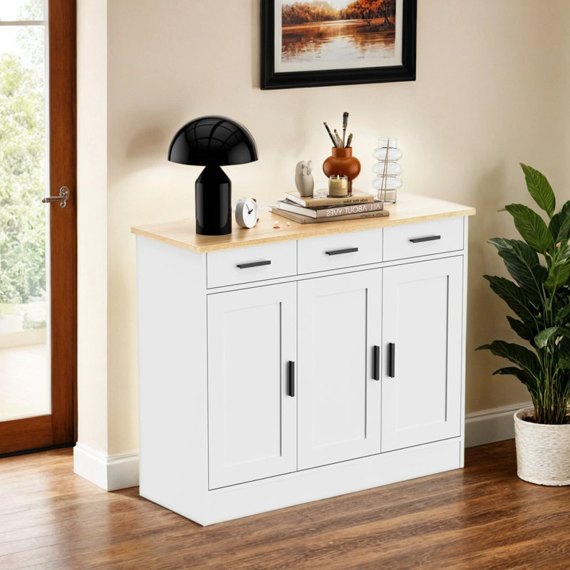 43.3" W Oak Buffet Cabinet, Coffee Bar Cabinet With 3 Drawers & 3 Doors, Kitchen Buffet Sideboard For Living Room, Kitchen