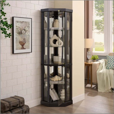 Lighted Corner Curio Cabinet - Elegant Glass Display Case For Living Room & Bar Storage - For Antique Collections & Wine - Includes Built-In Lighting