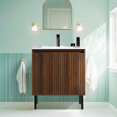 36" Freestanding Single Bathroom Vanity with Ceramic Top, Walnut