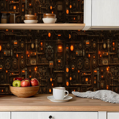 Peel and Stick Wallpaper Wall Mural Intricate Steampunk Mechanical Wall Gears Pipes Glowing Orbs Wall Art Self Adhesive and Removable