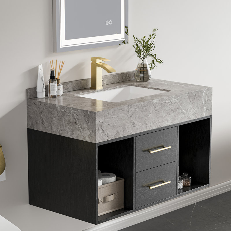 Chiverton Bathroom Vanity Set 35.4" Modern Floating Wall-Mounted Vanity with Sintered Stone Undermount Sink, Black/Gold, Grey