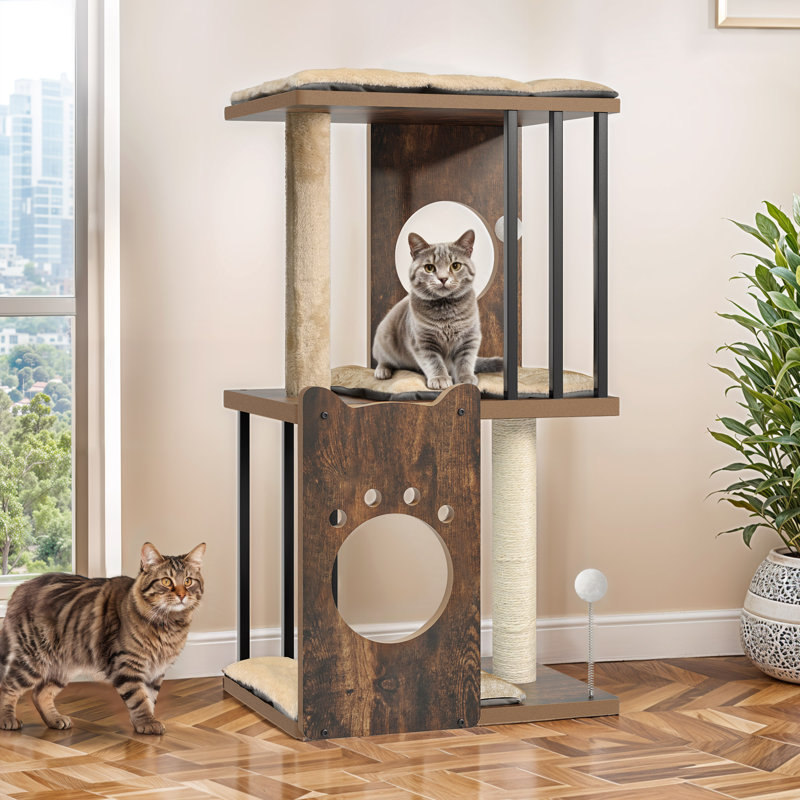 Modern Wood Cat Tree, 35.4" H x 18.9" W x 14.5" D