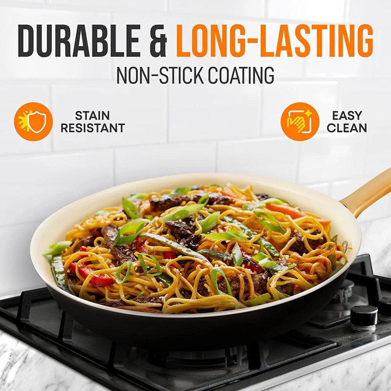 NutriChef 10-Inch Black Ceramic Non-Stick Fry Pan with Golden Handle