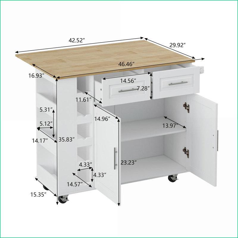Chariot pour îlot de cuisine avec 2 armoires, 2 tiroirs et Plateau pliable | Support à épices, support à vin | Blanc neige | Bois aggloméré + bois d'hévéa