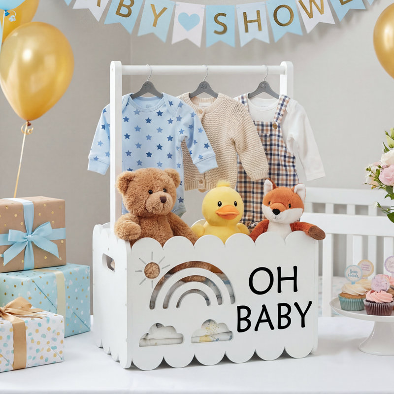 Wooden Baby Shower Crate Closet, Kids Clothes Rack With Storage Box & Hanging Rod, Baby Shower Rack for Toddler Pets Doll, White