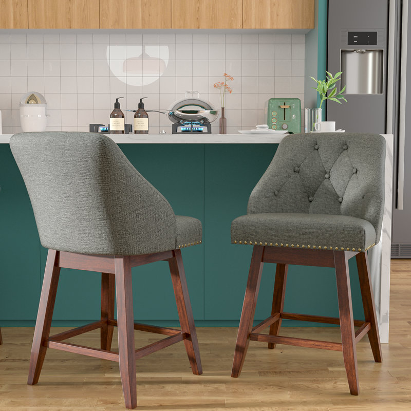 Tabouret de bar et de comptoir rembourré Havant, Gris / noyer, Tabouret de comptoir (siège d'une hauteur de 26 p
