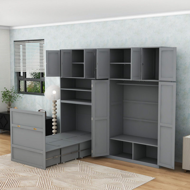 Lit escamotable simple avec tablettes de rangement, éclairage DEL et garde-robe, Gray