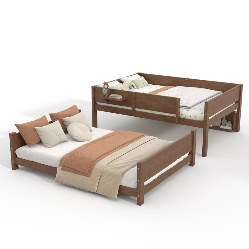 Lit superposé grand sur grand avec plateau pratique, lit superposé en bois massif avec tablettes de rangement et lattes améliorées, brun rétro