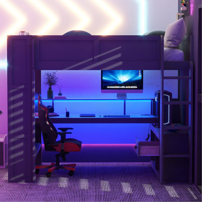 Lit mezzanine en bois pleine grandeur avec bureau, tablettes multiples, DEL et station de charge, gris foncé