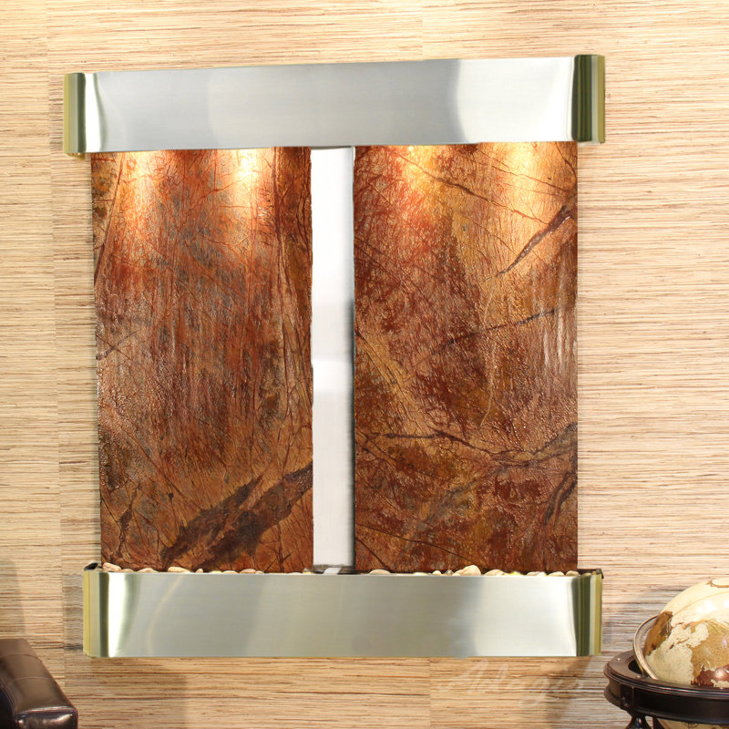 Aspen Falls Natural Stone Fountain with Light, Rainforest Brown Marble, Stainless Steel