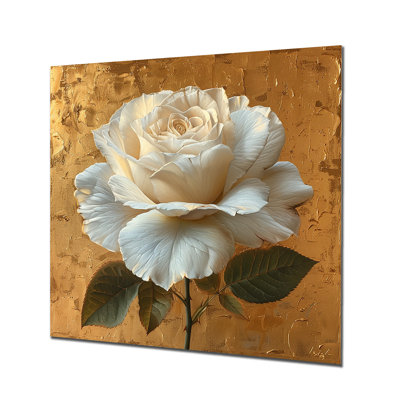 «Blossoming White Rose On Vintage Gold - Rose», reproduction d'art murale