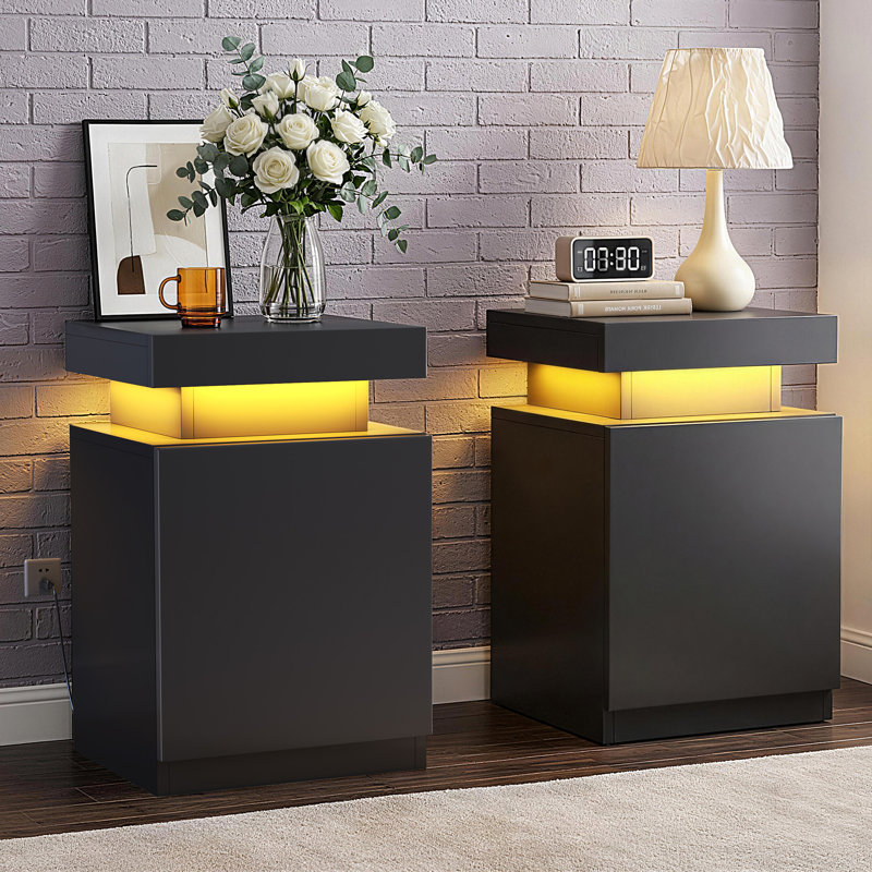 2Pcs LED Nightstands with Sliding Top & Power Outlets, Modern End Side Table, Set of 2