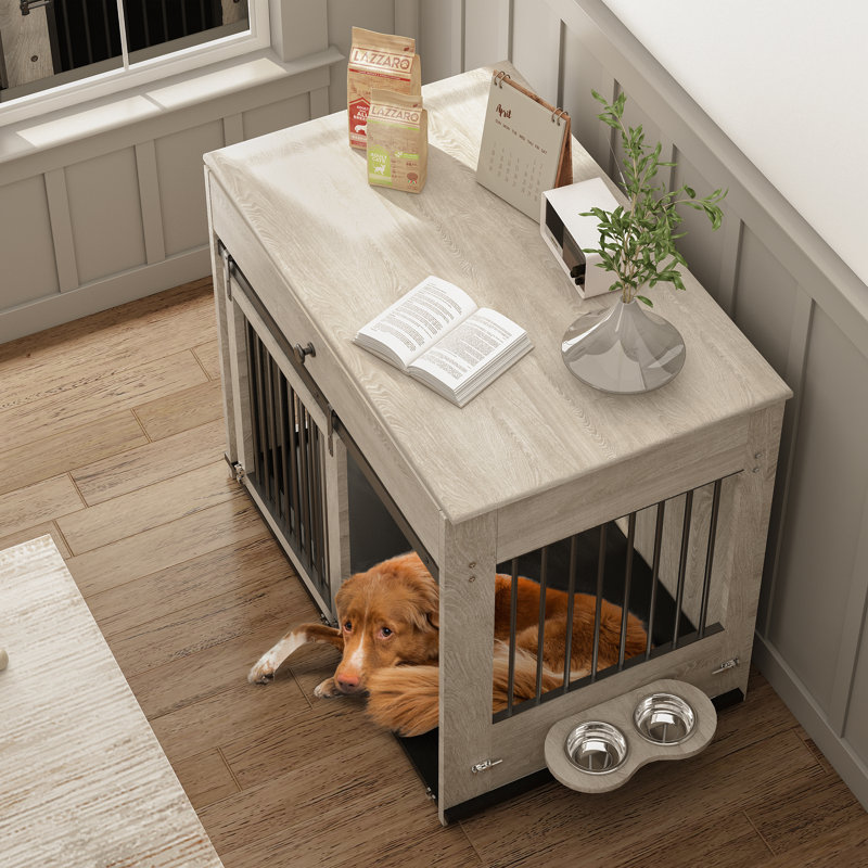 Large Dog Crate Furniture with Drawer Storage, Sliding Doors, Rotating Bowls, Grey