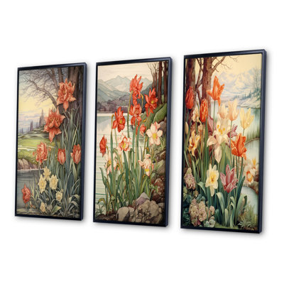«Red Tulips Blooming Retro Illustration II», 3 pièces