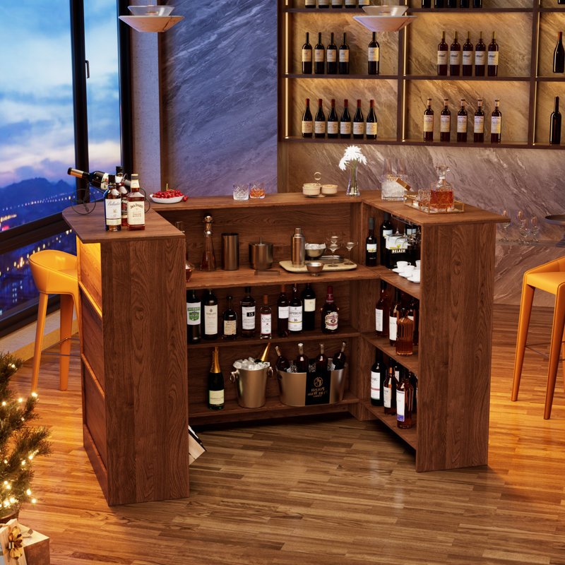 Armoire de bar Wrap Around 62 "avec lumières à DEL, rangement à 4 niveaux, support en verre et repose-pieds; support de bar en U pour pub ou sous-sol