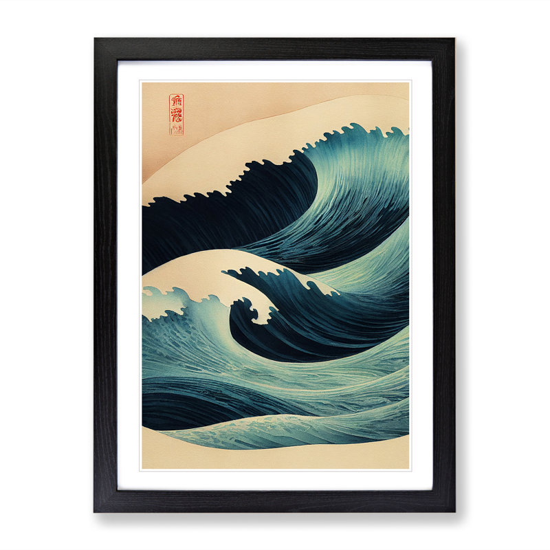 Traditional Japanese Wave No.7 - Single Picture Frame Painting, 64cm H x 46cm W x 2cm D, Black Framed