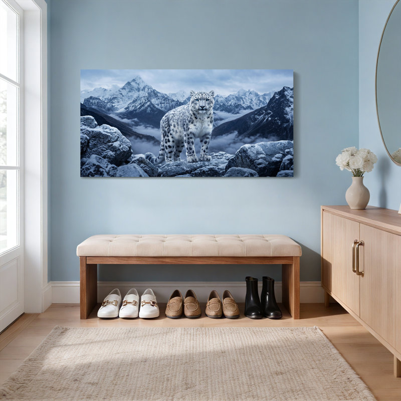 Ensemble de 1 tableau sur toile tendue représentant un léopard des neiges dans un paysage de montagne, H 28 po x l 58 po