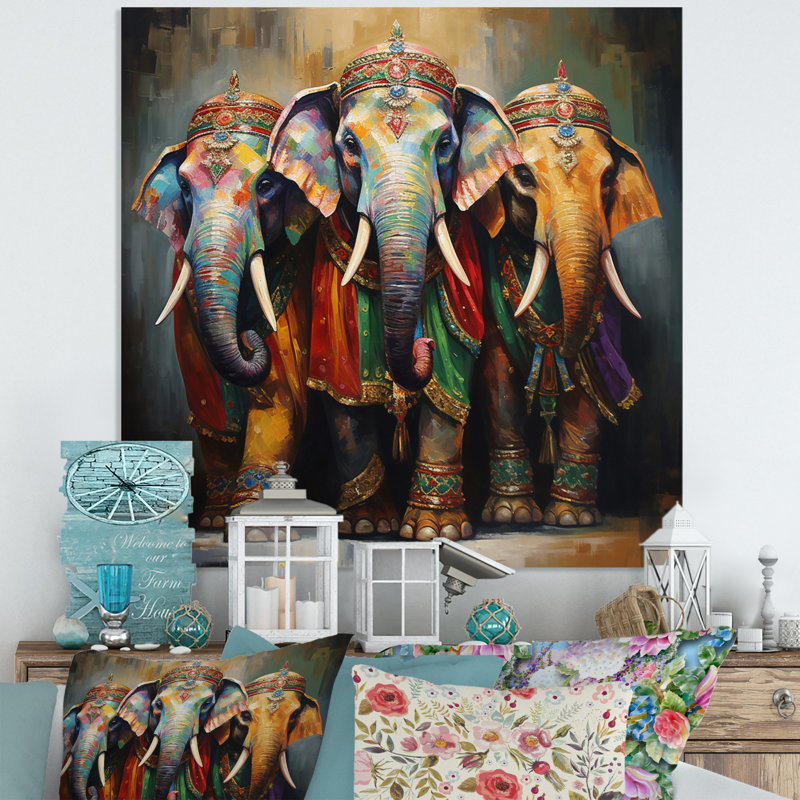 Art asiatique, éléphants thaïlandais - reproduction asiatique sur métal, H 16 po x l 16 po x P 1 po
