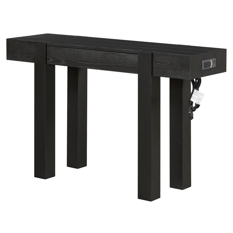 Black Rustic Minimalist Wood Console Table - Hidden Drawer & Side Power Outlet, Entryway Sofa Table For Living Room, Home Office
