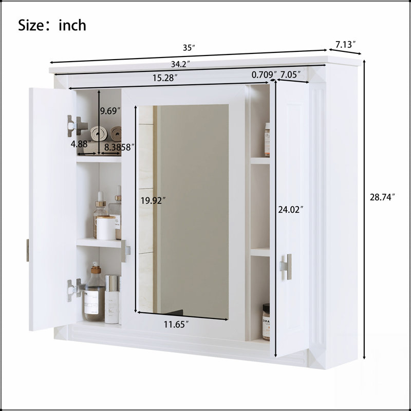 Armoire de salle de bain avec miroir, armoire à pharmacie murale avec 4 tablettes, rangement pour porte de toilette en miroir