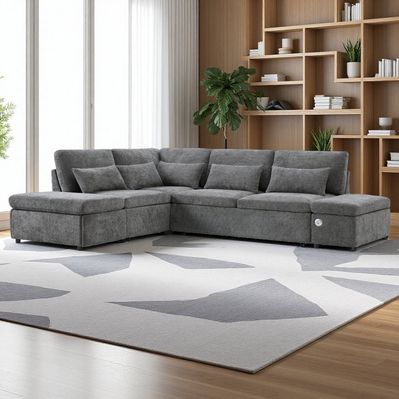 Canapé-lit modulaire de 107 po avec canapé-lit en forme de L avec accoudoirs réglables, charge USB et de type C 107 po, Gris