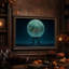 Toile murale d'Halloween avec lune bleue lumineuse et cité fantastique sur pierre-708288827