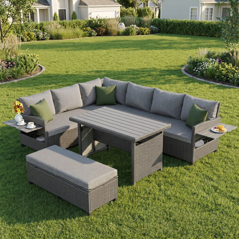 Ensemble de canapé d'extérieur en rotin 5 pièces avec tables d'appoint extensibles 5 pièces, gris, Gris