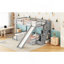 Lit simple superposé au dessus d'un lit double avec glissade, escalier de rangement, lit superposé en bois de pin massif avec garde-corps de sécurité, gris-1311197702