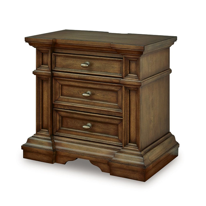 Table de chevet Lesa, 3 tiroirs avec boutons ovales en laiton antique, brun 32 pouces