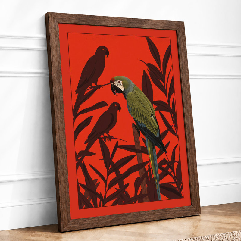 Parrots Among Foliage Tropical - Framed Print, A2 - 59.4 x 42.0 cm, Walnut
