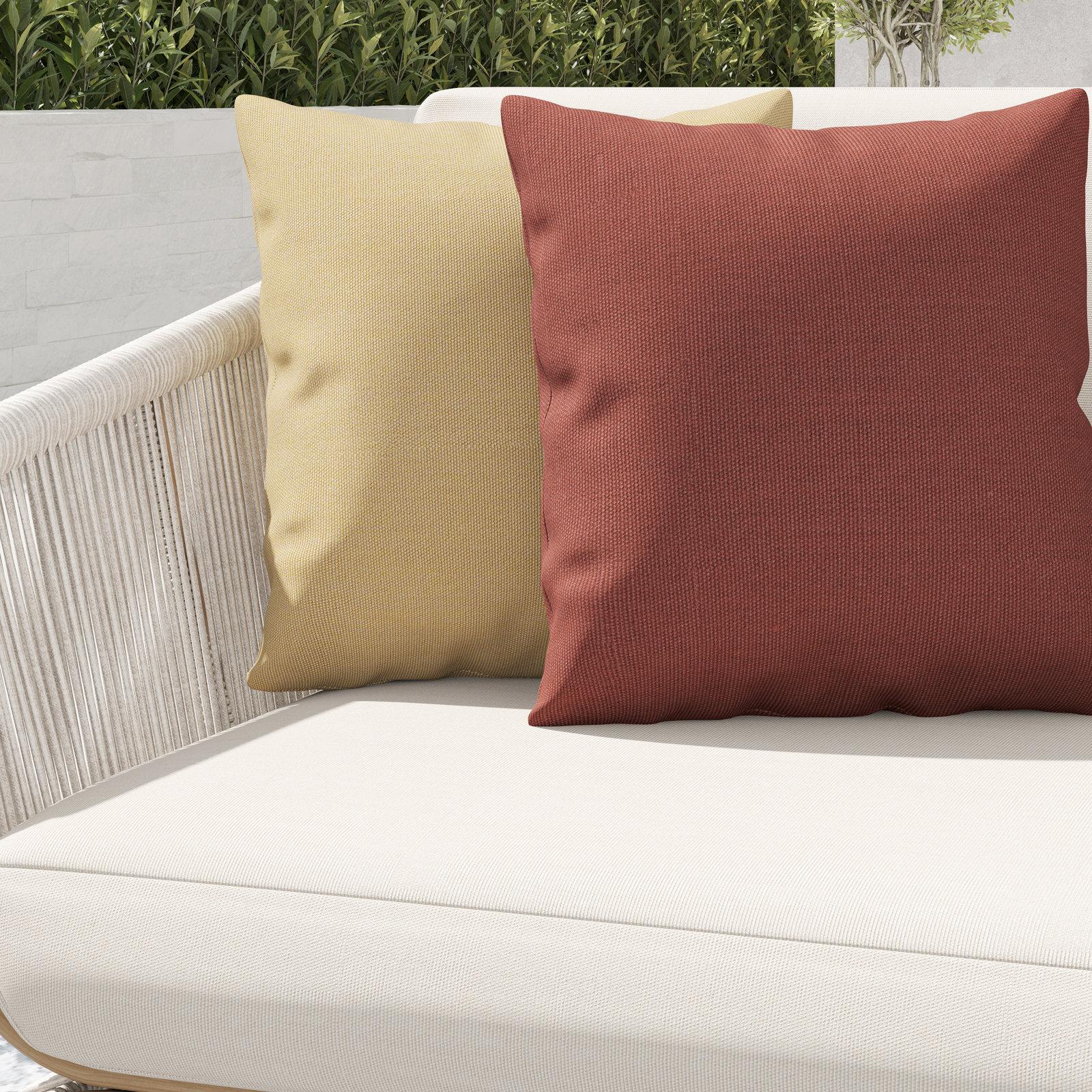 Carlen 3-Person Sunbrella® Patio Seating Group, Canvas Vellum Cushion/White/Brown Frame