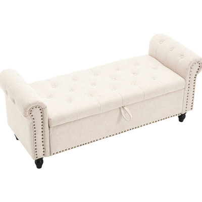Banc de rangement rembourré 55,12 pouces. Bouton. Tissu en lin. Pour le salon et la chambre à coucher. Peut supporter jusqu'à 275 lb Comporte un généreux compartiment intérieur avec un accent de rivet. Chambre et chambre. Résiste à un niveau adéquat