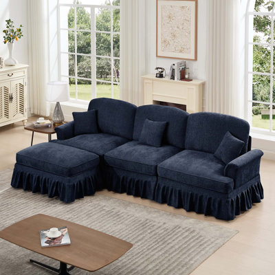 Mid Century Three Seater Modular L Shaped Sectional Couch with Flared Arms, Removable Ruffles, and Spindle Legs, Comfy Chenille 3-Seat Deep Seat Sofa with Movable Ottoman, Blue
