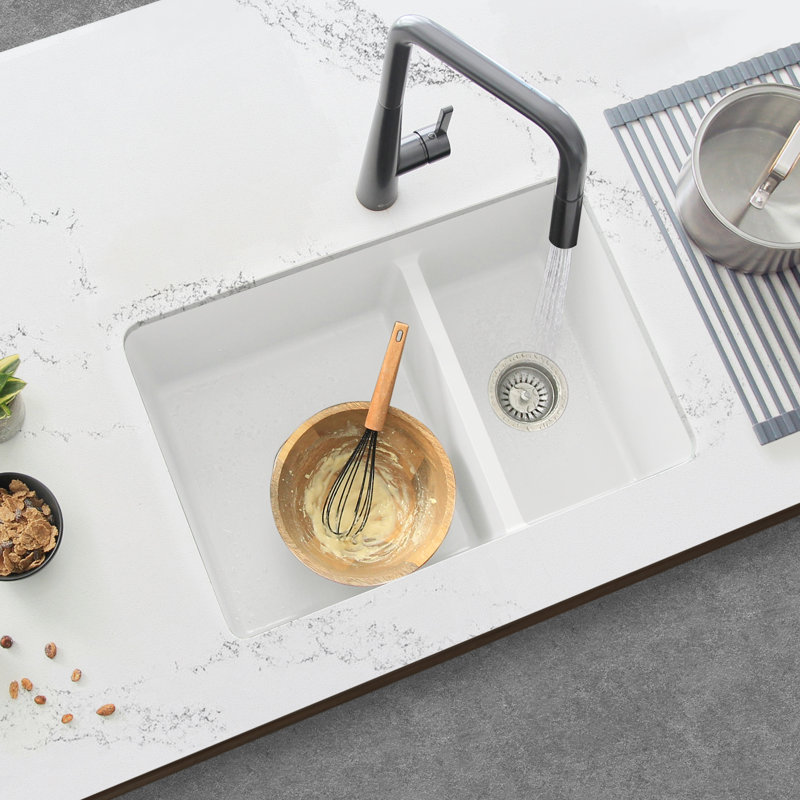 STYLISH Pietra 27" Dual-Mount 60/40 Low-Divider Double Bowl Quartz Composite Granite Kitchen Sink with Strainer, White