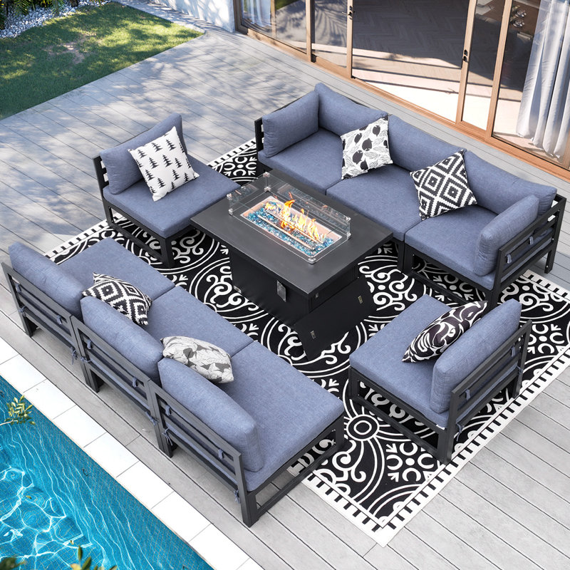 Modern 9-piece Aluminum Patio Conversation Set With Propane Fire Pit Table, 500lb Capacity Heavy-duty Outdoor Sectional Set With Cushions