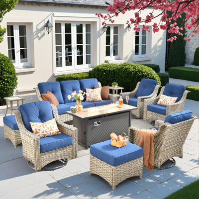Ensemble de mobilier de patio 10 pièces avec table de foyer d'extérieur de 53 po, chaises berçantes pivotantes en osier d'extérieur avec coussins confortables, ensemble de canapé à dossier haut toutes saisons pour la cour ou la pelouse