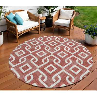 8' Burgundy And Ivory Round Geometric Washable Indoor Outdoor Area Rug