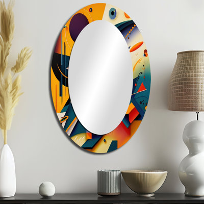 Multicolor Geometric Orange Shapes II - Abstract Oval Decorative Mirror On Metal
