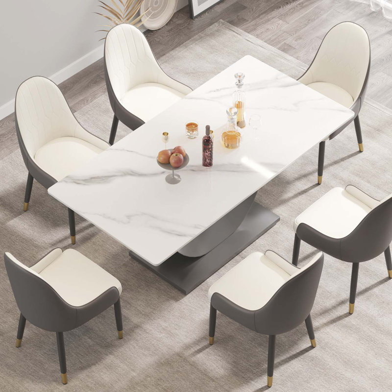 Kentrez Stone Top Metal Base Dining Table, 35.4" W x 70.87" L, White