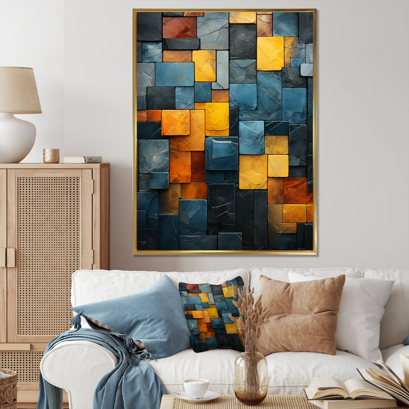 Yellow Stone Cubes II - décoration murale en marbre, Cadre flottant doré, H 44 po x l 34 po x P 1,5 po
