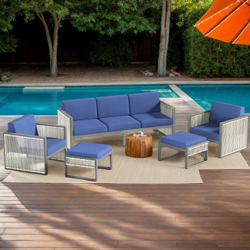 5-Piece Metal Outdoor Patio Conversation Sectional Seating Set With Cushions, Blue