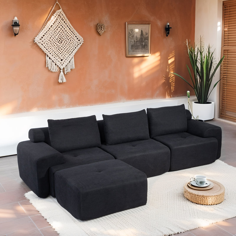 Green Corduroy L-shaped Sectional Sofa With 1 Ottoman, Black Corduroy