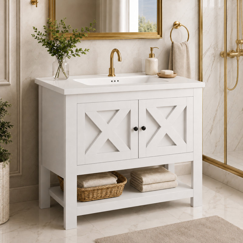 Meuble-lavabo simple autoportant de 89 cm de largeur avec lavabo, 2 portes et tablette ouverte, Blanc