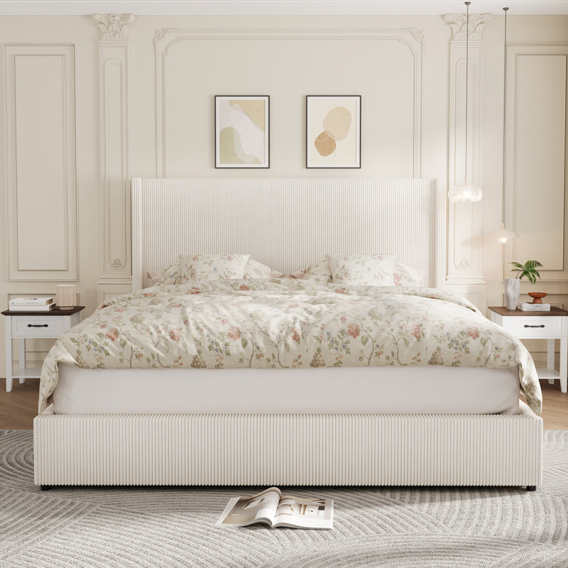 Cream Corduroy Wingback Platform Bed Frame with 4 Rolling Storage Drawers, Queen Size, 1100 Lbs Weight Capacity, Wood Slat Support, No Box Spring Needed