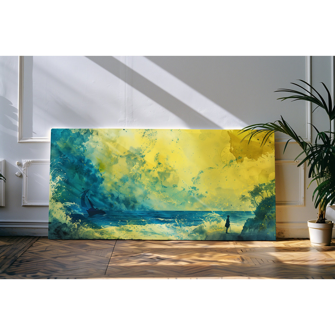 Leinwandbild gerahmt 120x60cm Meer Ozean gelber Himmel Kunstvoll Schiff Wellen